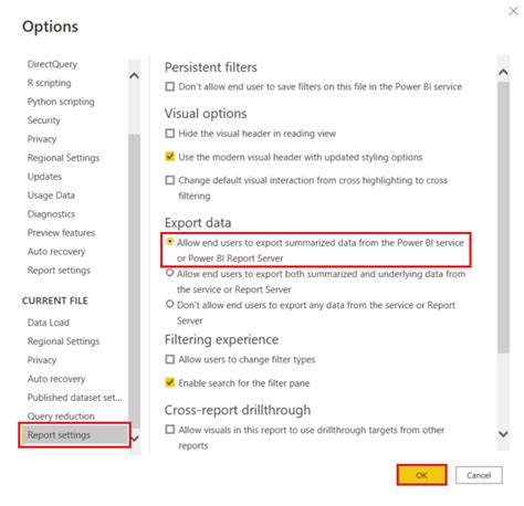 power bi export settings.